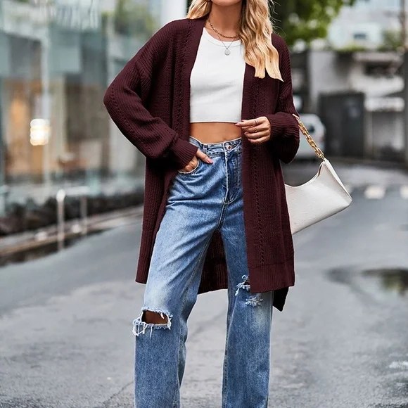 Long Sleeve Waffle-Knit Cardigan - Picture 7 of 16